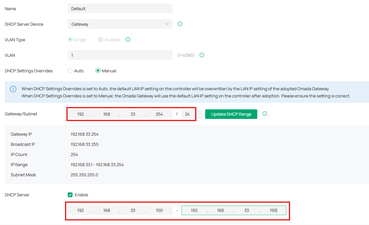 screenshot of the Omada controller showing how to adjust the VLAN configuration, such as the gateway’s IP address and the DHCP pool.