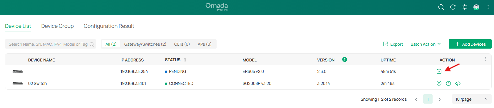 screenshot of the Omada controller showing that the Omada gateway is detected by the controller in pending status to start the adoption process.