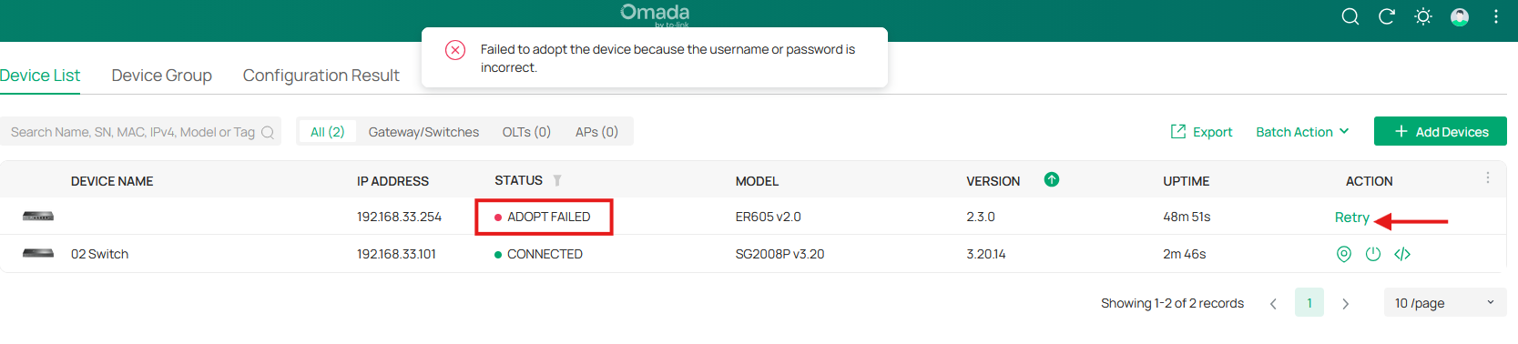 screenshot of the Omada controller showing the failure of adopting the gateway because of the incorrect user credentials.