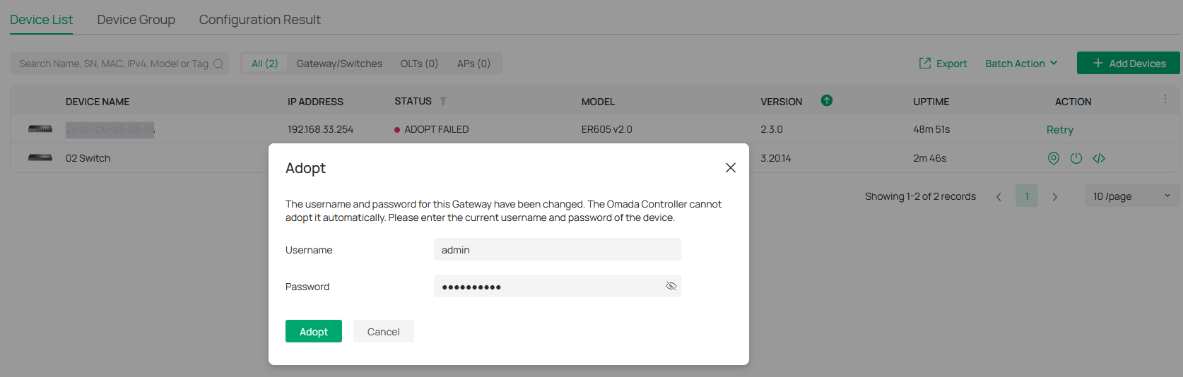 screenshot of the Omada controller showing how to enter the gateway’s login credentials by pressing the retry button.