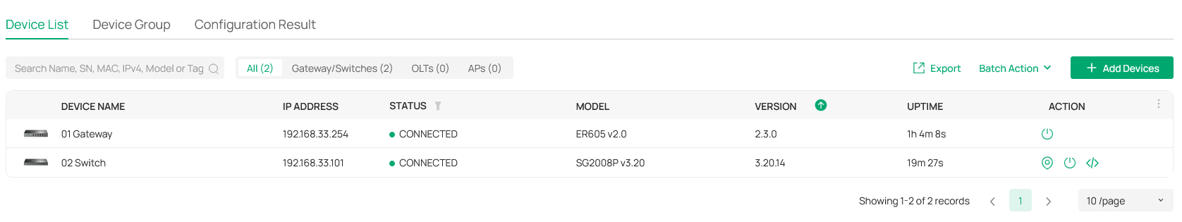 screenshot of the Omada controller showing the success of adopting the Omada gateway to an existing controller.