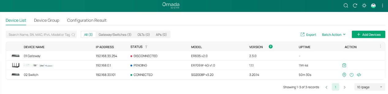 screenshot of the Omada controller showing the status of the existing and new gateways.