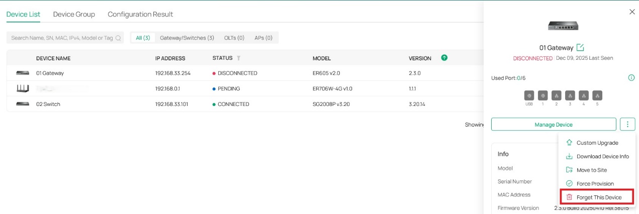screenshot of the Omada controller showing how to forget the current Omada gateway from the controller.