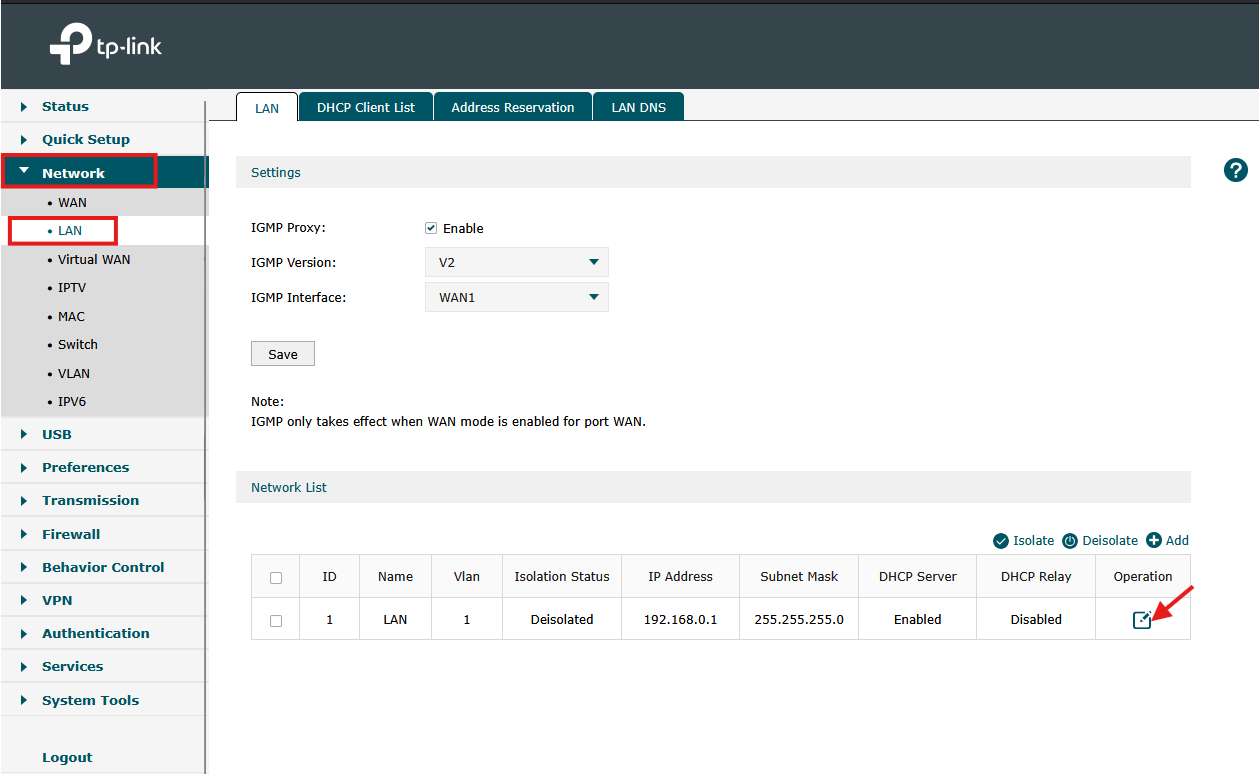 screenshot of the Omada gateway in standalone mode showing how to access the settings of the default VLAN.