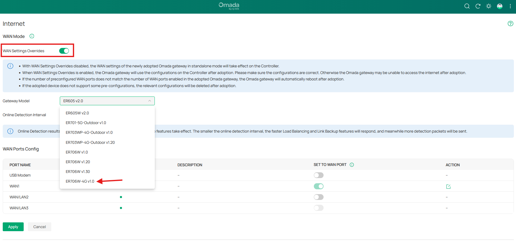 screenshot of the Omada controller showing how to select the new gateway’s model number in the WAN settings page.