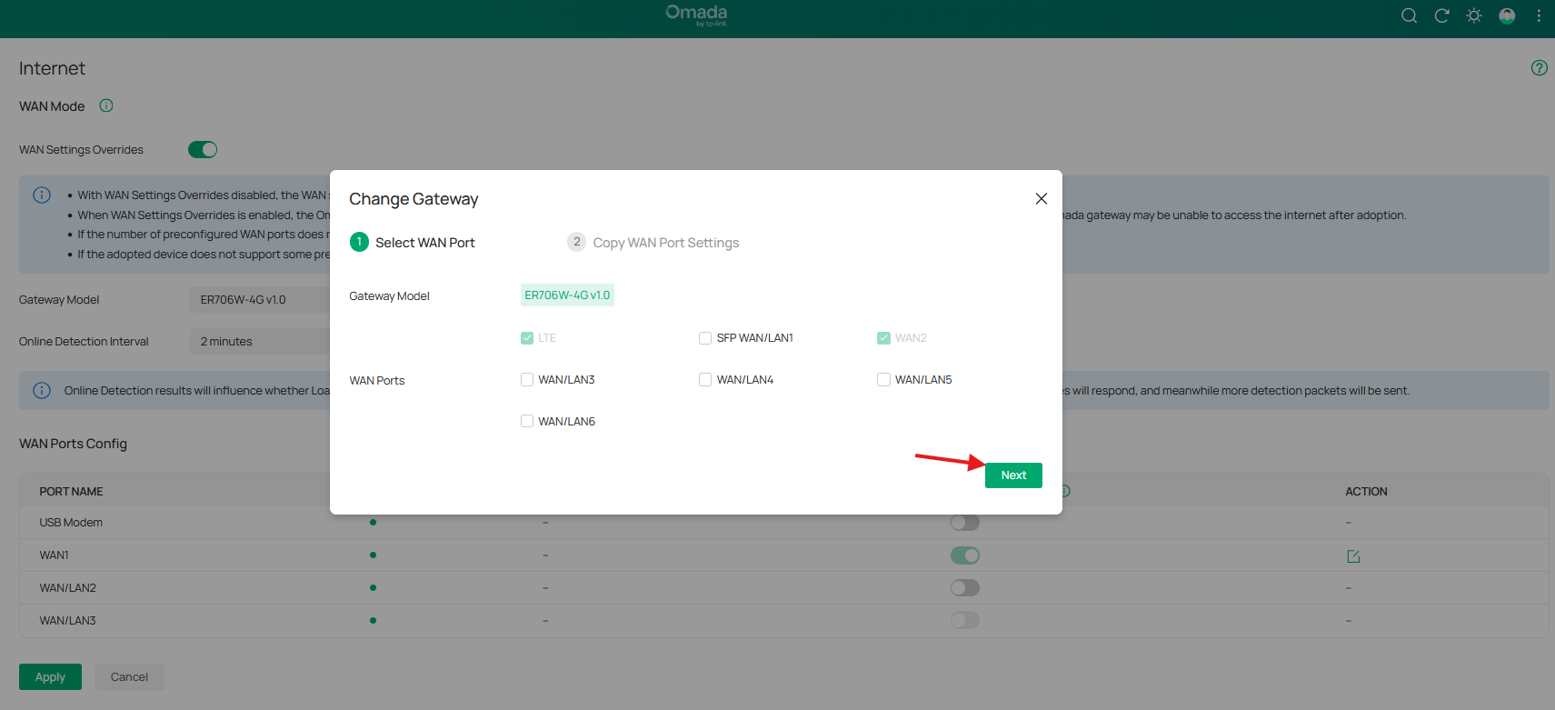 screenshot of the Omada controller showing how to select the desired WAN ports on the new gateway.