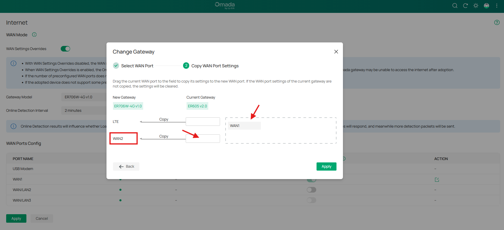 screenshot of the Omada controller showing how to copy the WAN settings from the old to the new gateway.