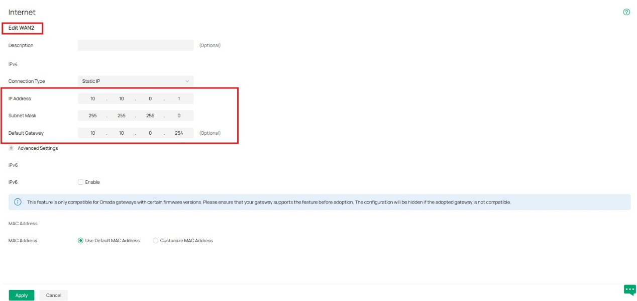 screenshot of the Omada controller showing how to check the WAN IP settings that have been copied to the new gateway.