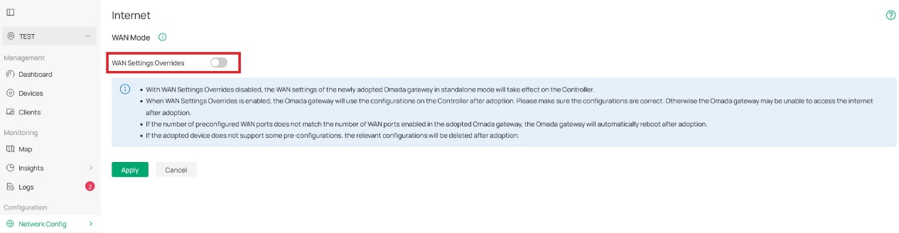 Wan settings override button.