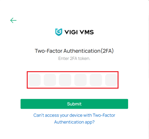 Enter the 2FA token before login to VIGI Cloud VMS.