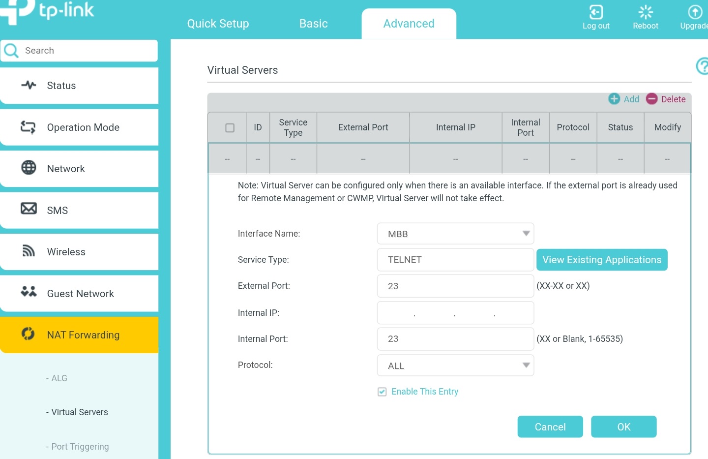 In this virtual server page, you can choose network interface, service type and input internal IP that you want to visit.