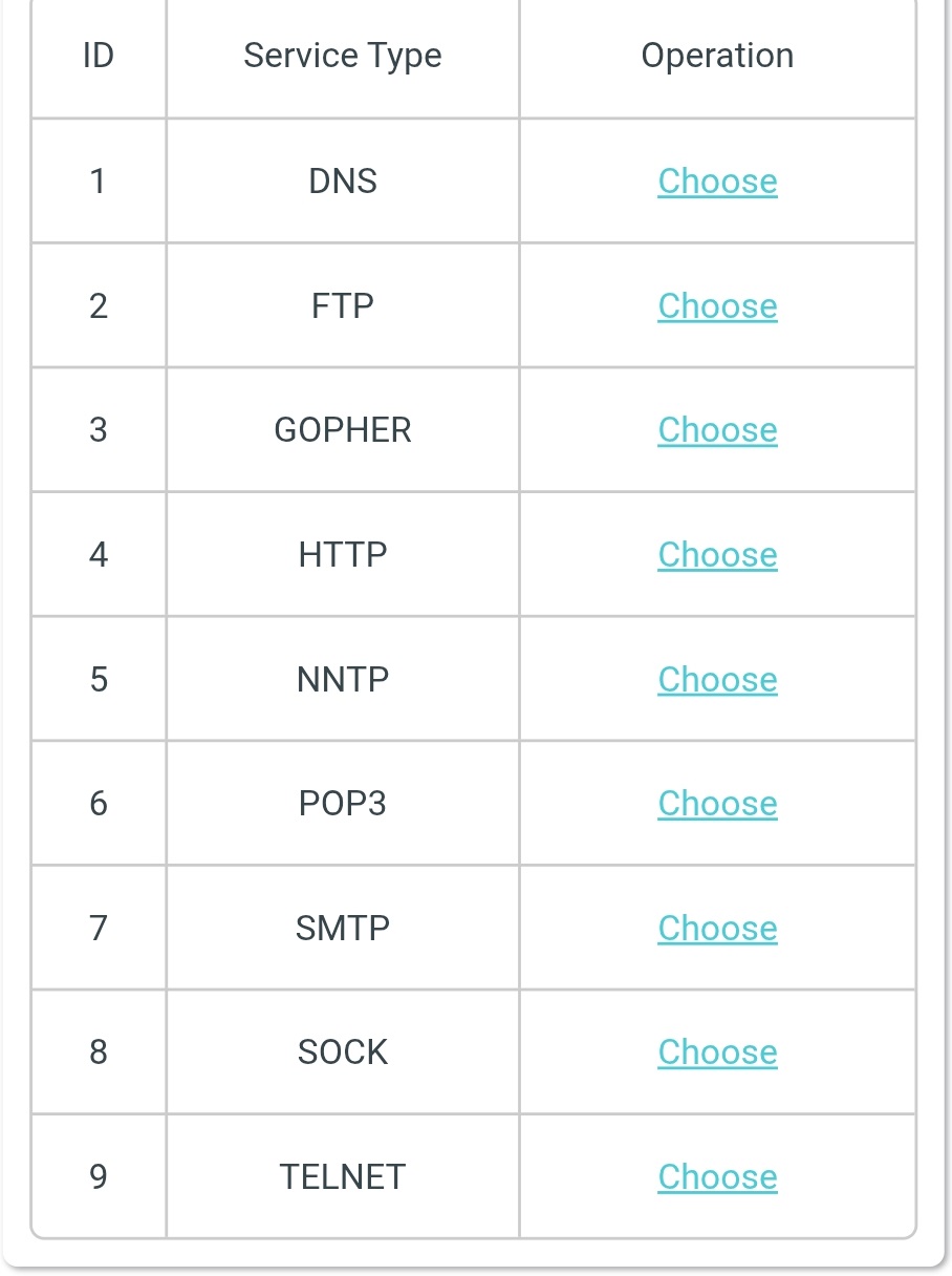 You can see service type like DNS, FTP by clicking on the button of view existing application.