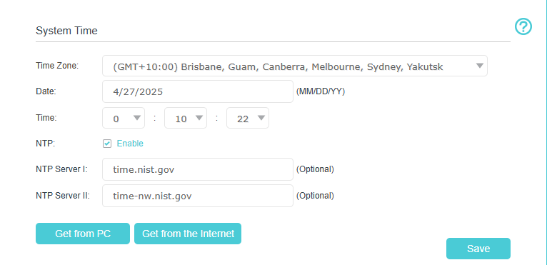 Select your time zone, optionally enter an NTP server address, then click "Get from the Internet" to sync time.