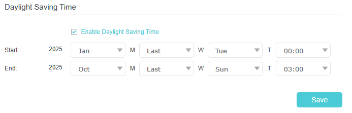 Enable the Daylight Saving time function and set the start date and end date of Daylight Saving Time.
