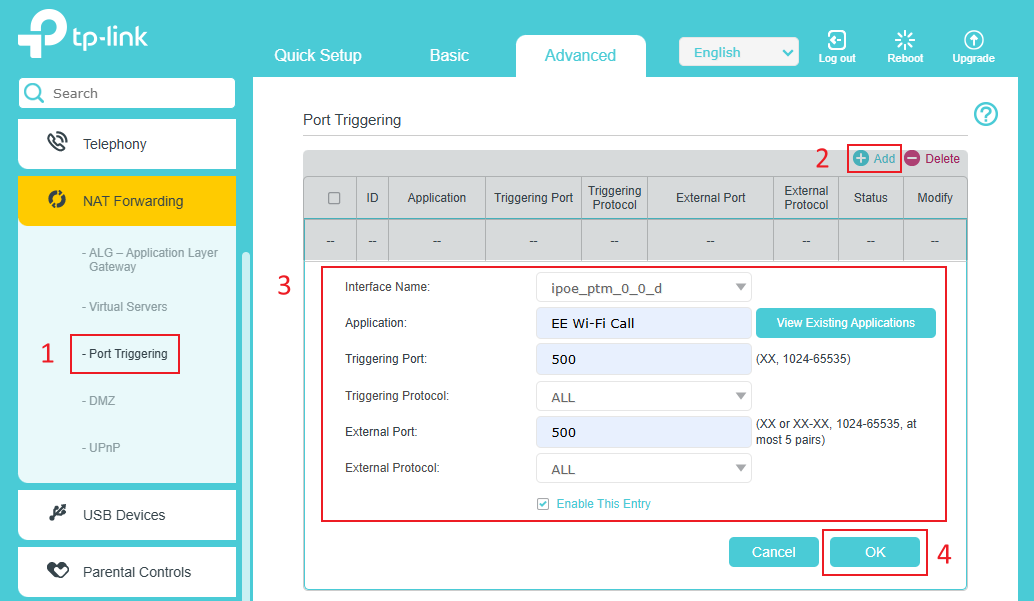 Enable Port Trigger entries.