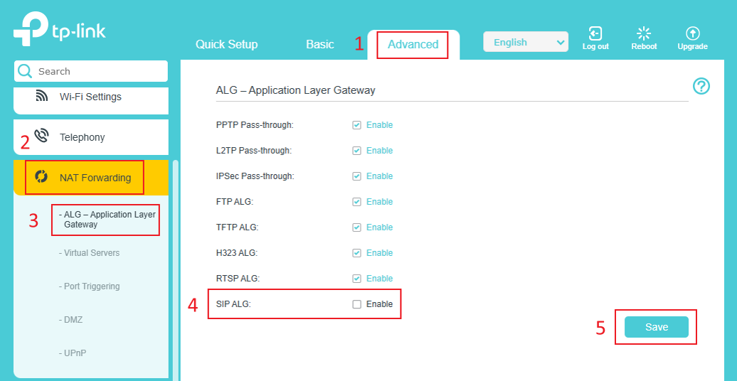 The guide for disabling SIP ALG.