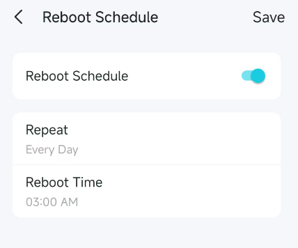 Enable Reboot Schedule, set up Repeat frequency and Reboot Time.