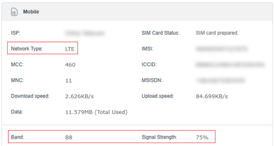 Check the network type of the device is LTE, LTE band is Band 8 and signal strength is 75%.