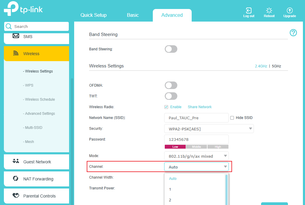 A drag-down list you can choose different 2.4G WI-FI channels and set it as the current WI-FI channel.