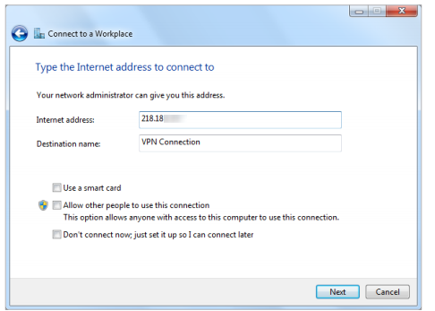 The guide for entering the IP address of the router (for example: 218.18.xx.xx) in the Internet address field.