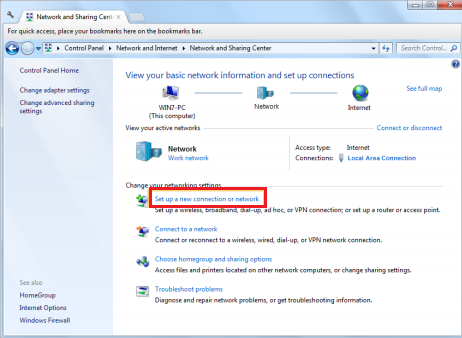 The guide for setting up a new connection or network in “Network and Sharing Center”.