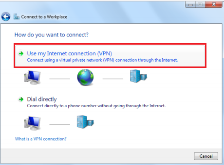 The guide for choosing the workplace of “Use my Internet connection (VPN)” to connect.