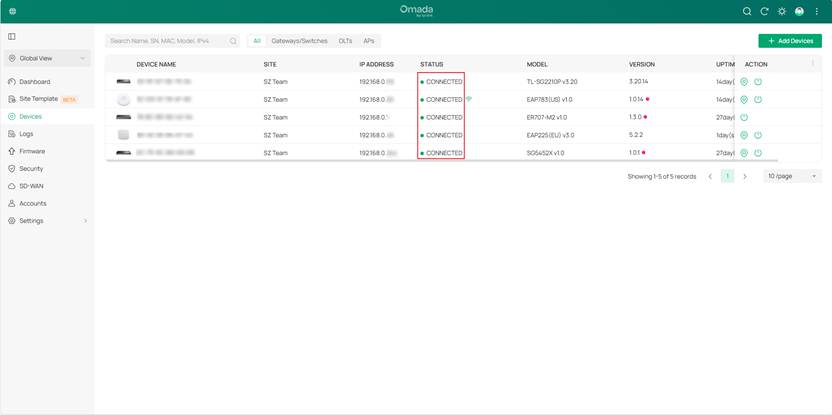 The migrated devices show as connected in the target controller.