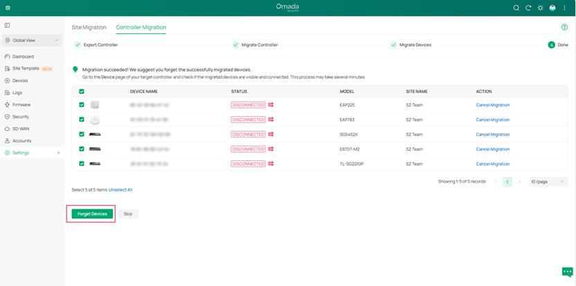  Complete the device migration and forget the device on the old controller.