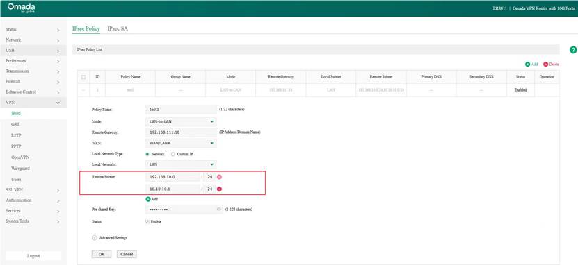 Add WireGuard VPN client interface IP in the IPsec configuration on Router B.