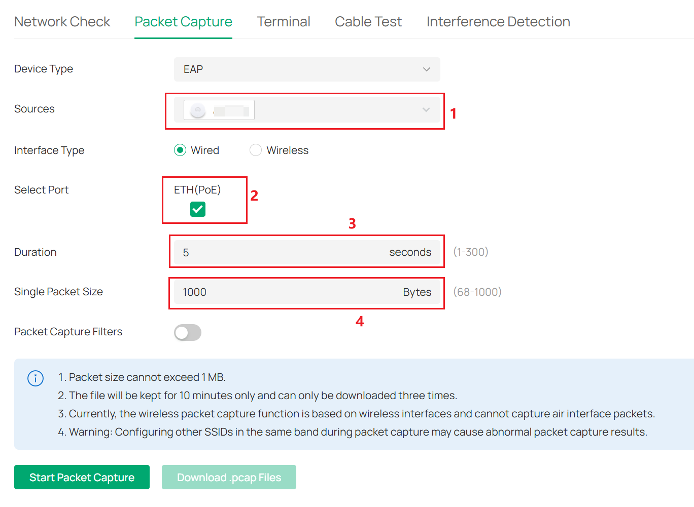 Packet capture configuration page.