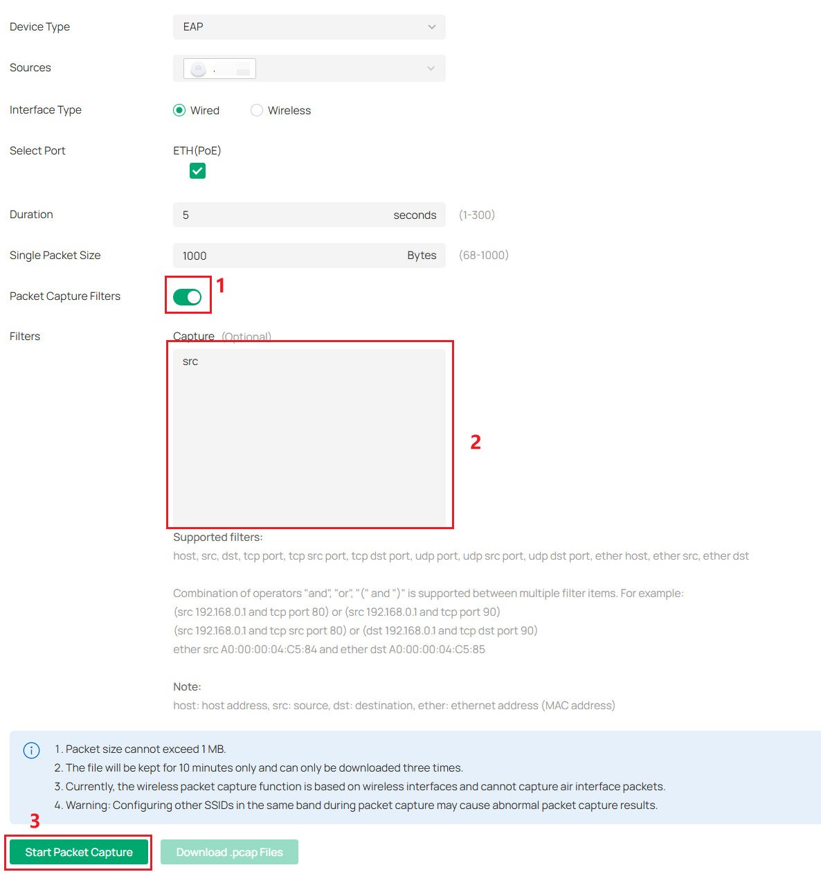  Packet Capture Filters option.