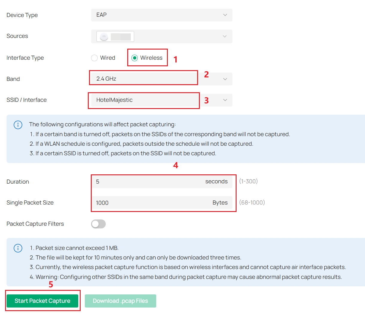 Wireless packet capture configuration page.