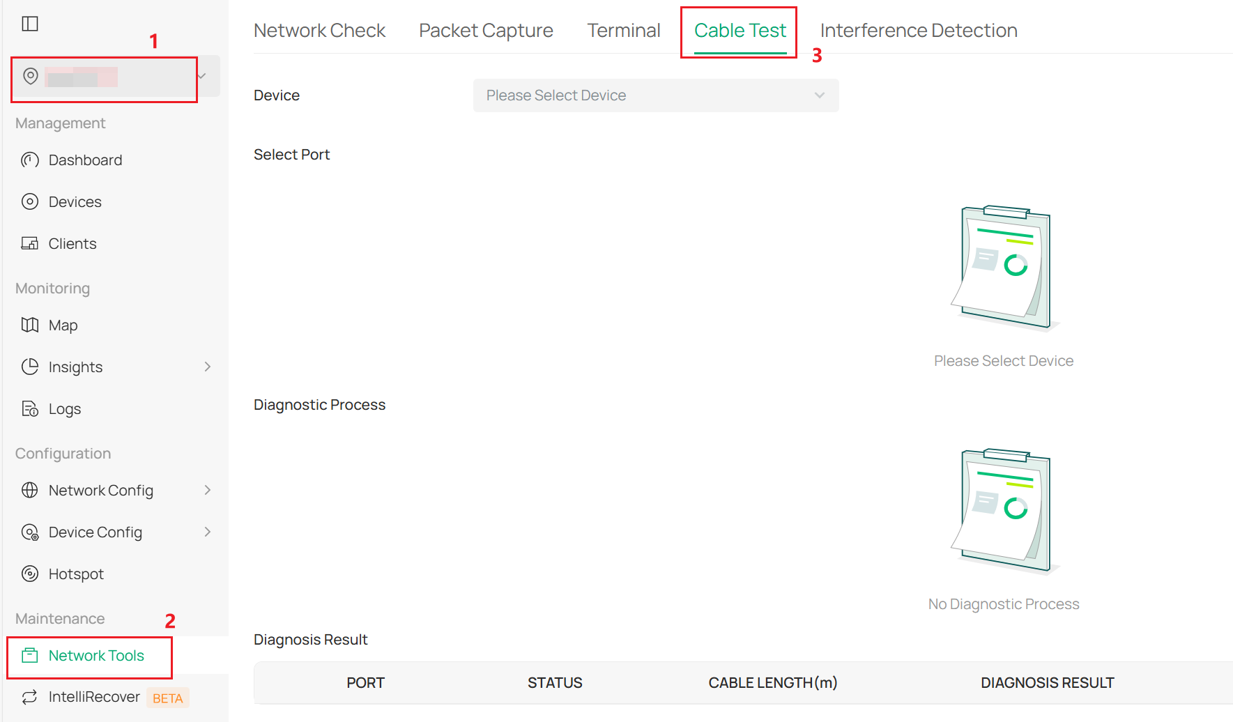The Cable Test page in Site > Network Tools.