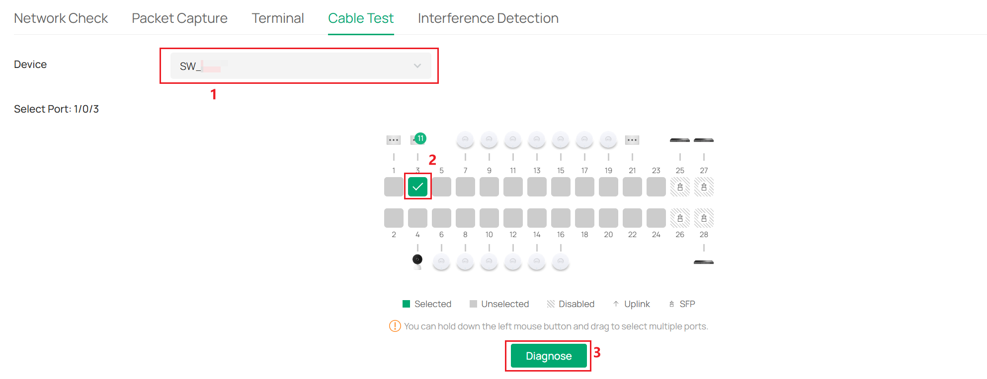 The Cable Test configuration page.