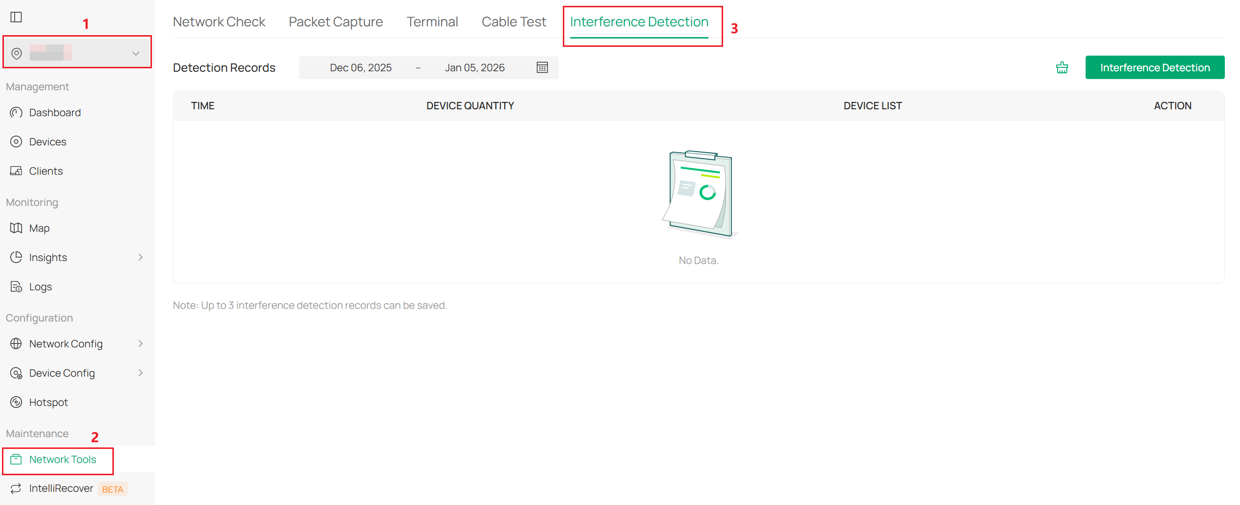 The Interference Detection page in Site > Network Tools.
