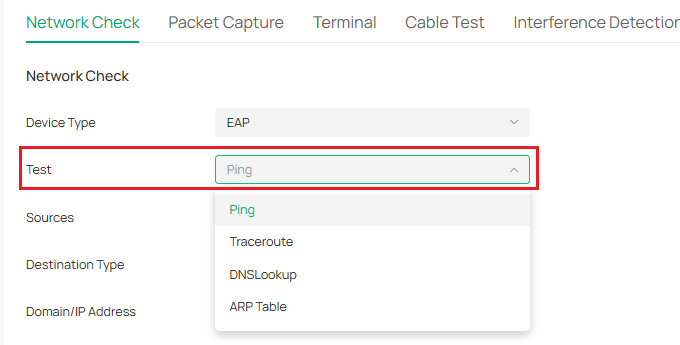 Testing tools selecting in the Network Check page.