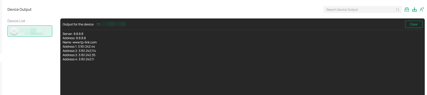The DNSLookup result in the output window.