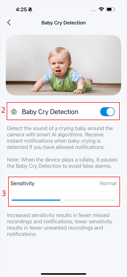 The locations where you can enable/disable “Baby Cry Detection” and adjust “Sensitivity”.