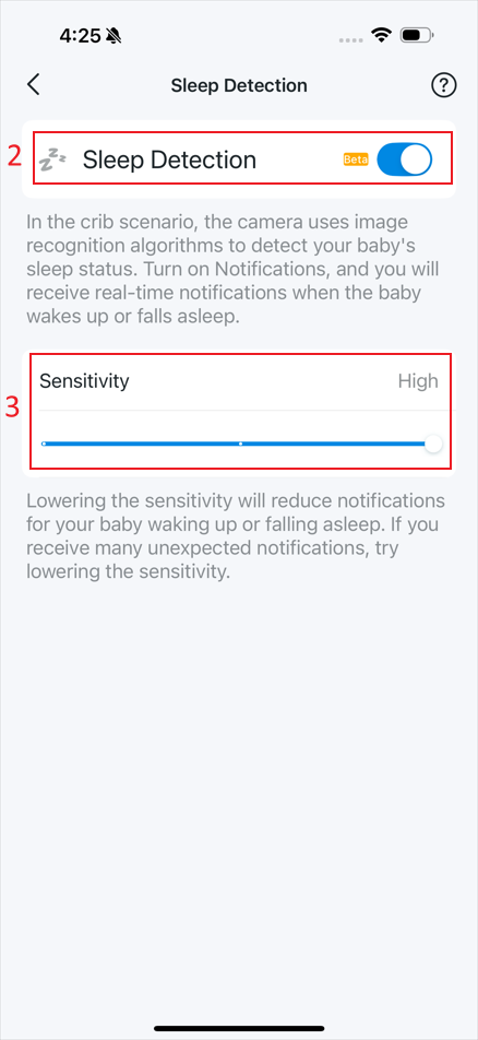 The locations where you can enable/disable “Sleep Detection” and adjust “Sensitivity”.