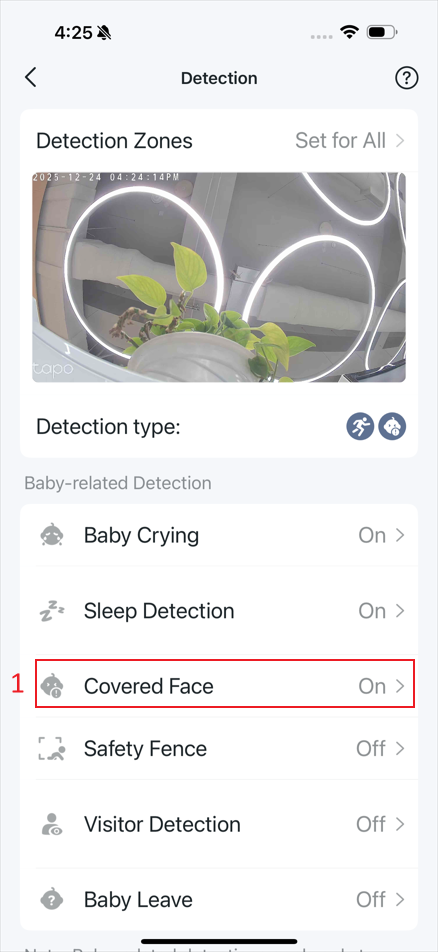 The location “Covered Face” on the detection page.