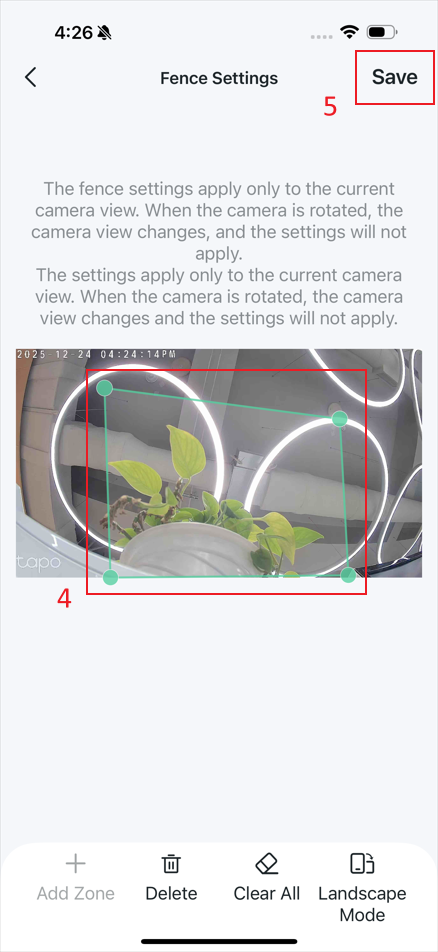 The locations where you can adjust the zone and “Save” on the fence settings page.
