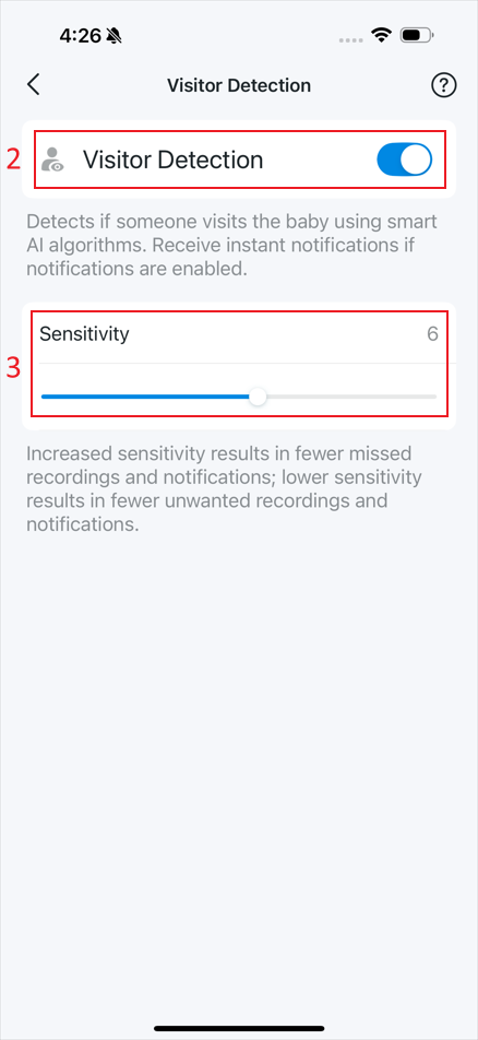 The locations where you can enable/disable “Visitor Detection” and adjust “Sensitivity”.