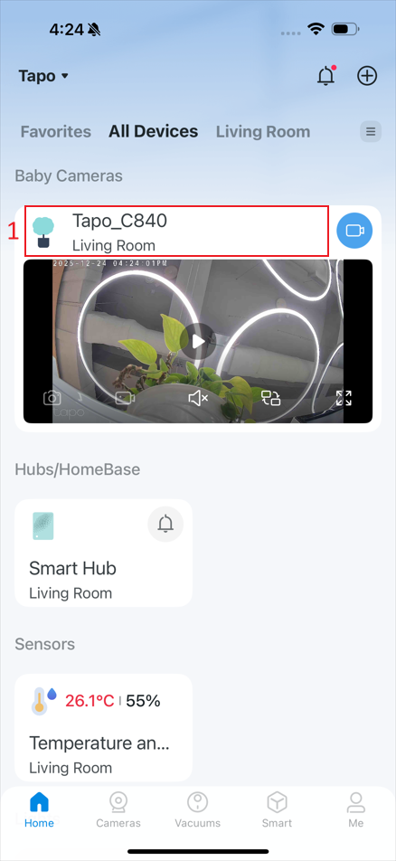 The location “device card” in the app.