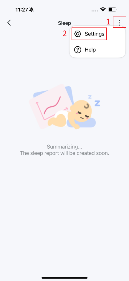 The location “Settings” on the sleep page.