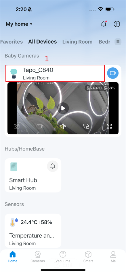 The location “device card” in the app.