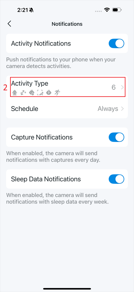The location “Activity Type” on the Notifications page.