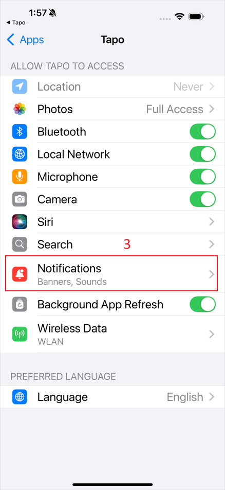 The location “Notifications” for the Tapo app.