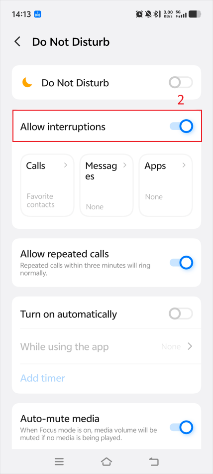 The location “Allow interruptions” on the Do Not Disturb page.