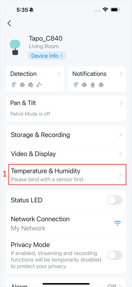 The location “Temperature & Humidity” on the settings page.