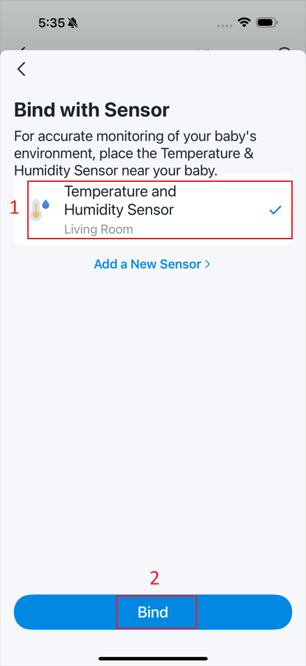 The location “sensor list” and “Bind” in the app.